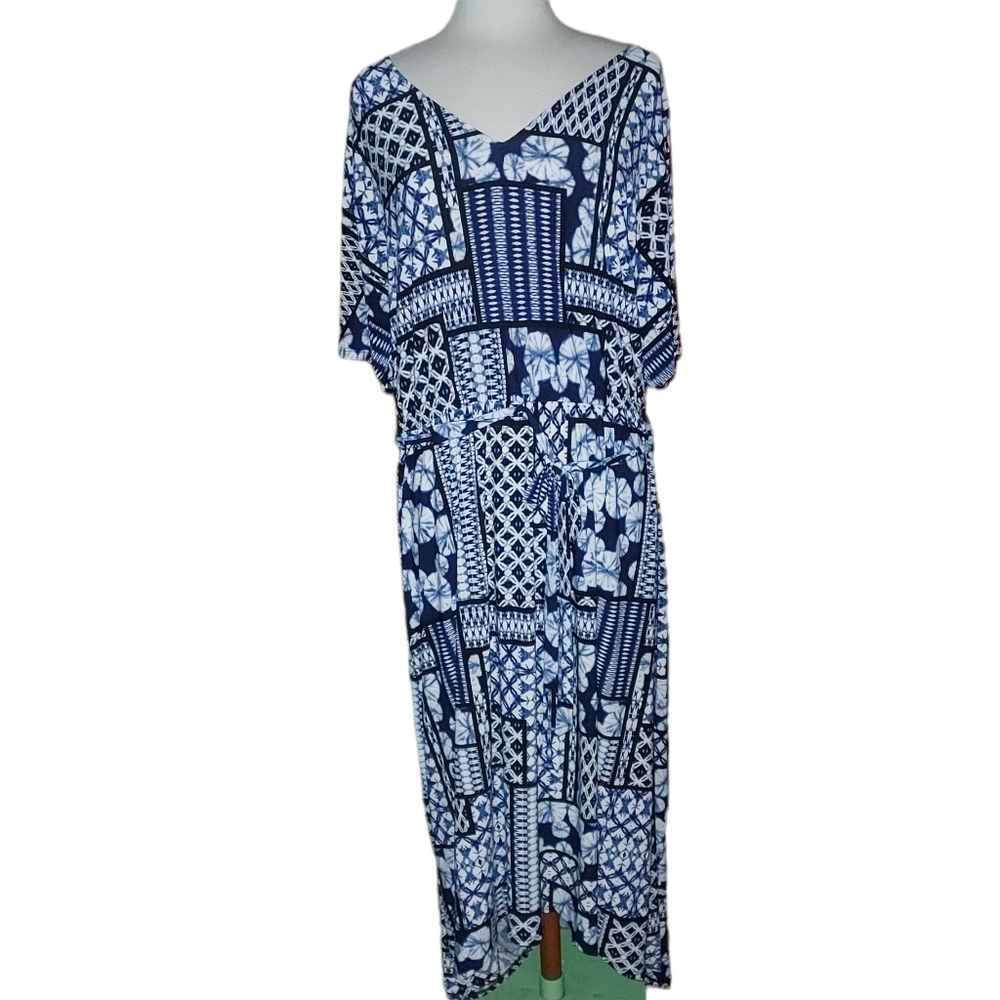 Maxi Dress 2XL Slinky Blue White Short Sleeve Patchwork Tiedye Relaxed Casual...